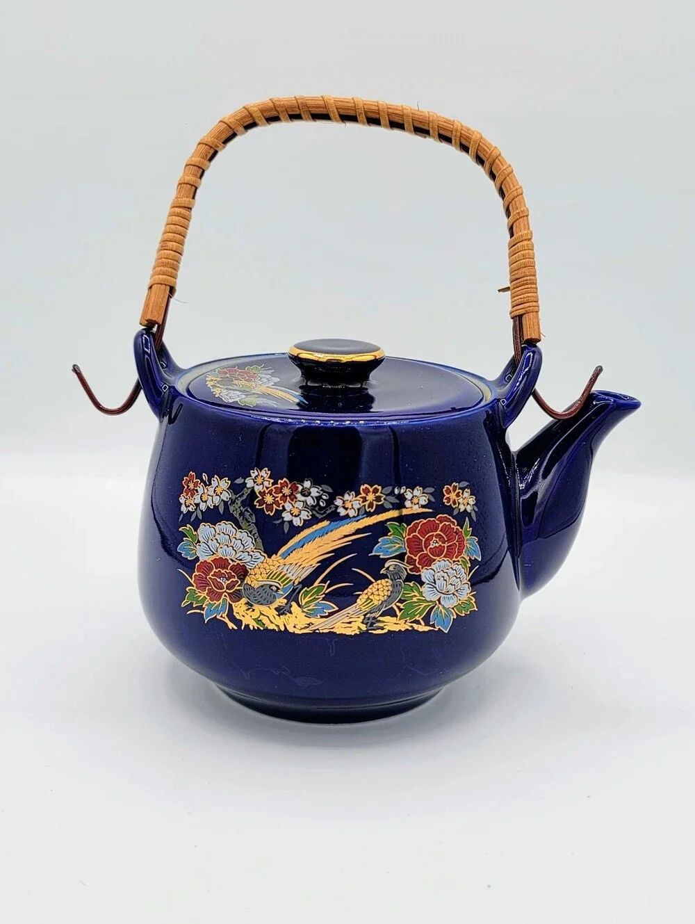 Japanese Cobalt Blue Tea Set Kutani Style Gold Pheasant Teapot Cups Vintage